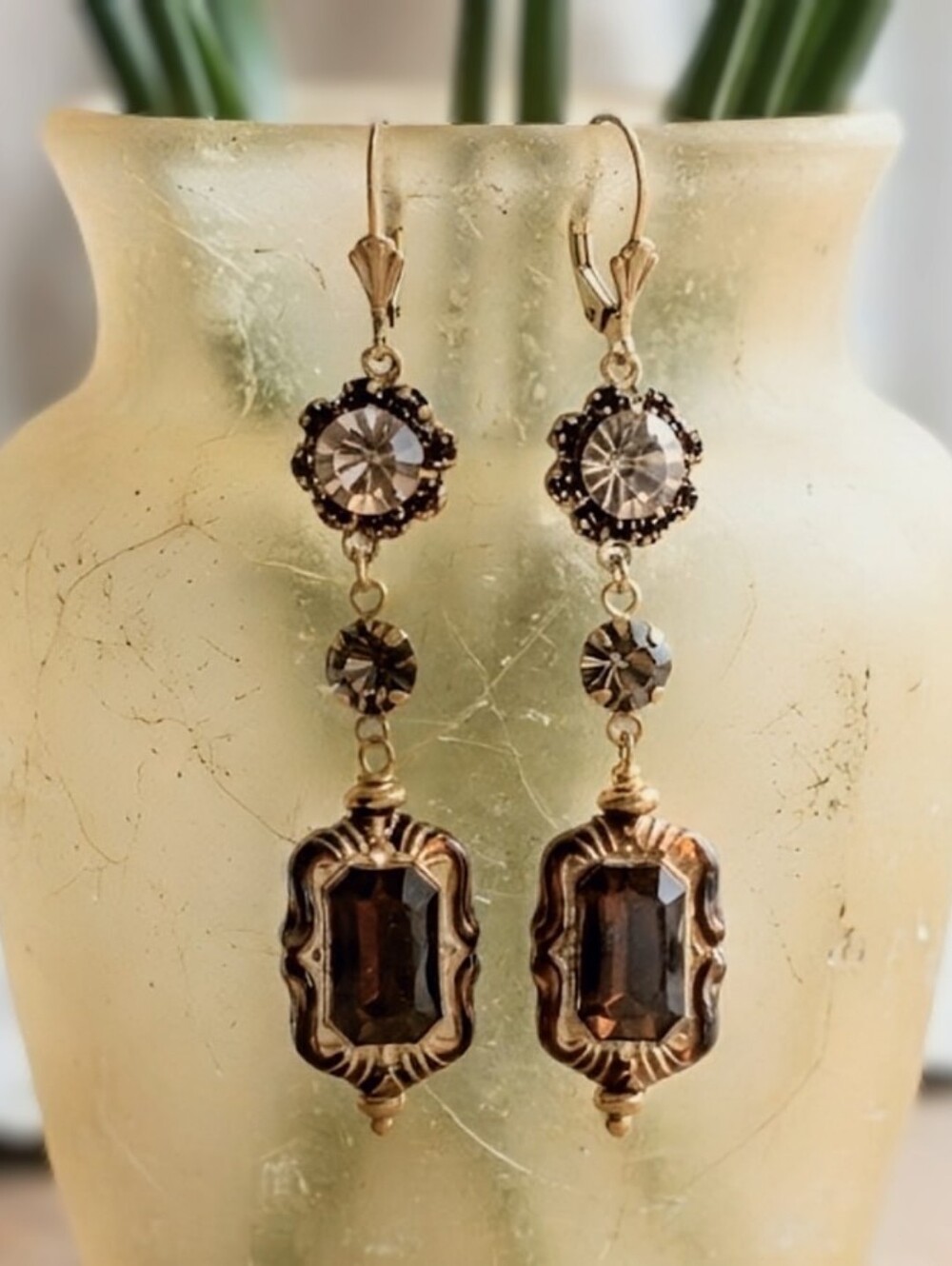 Victorian Smoky Root Beer Brown In Swarovski Crystals In Gold Plated Earrings